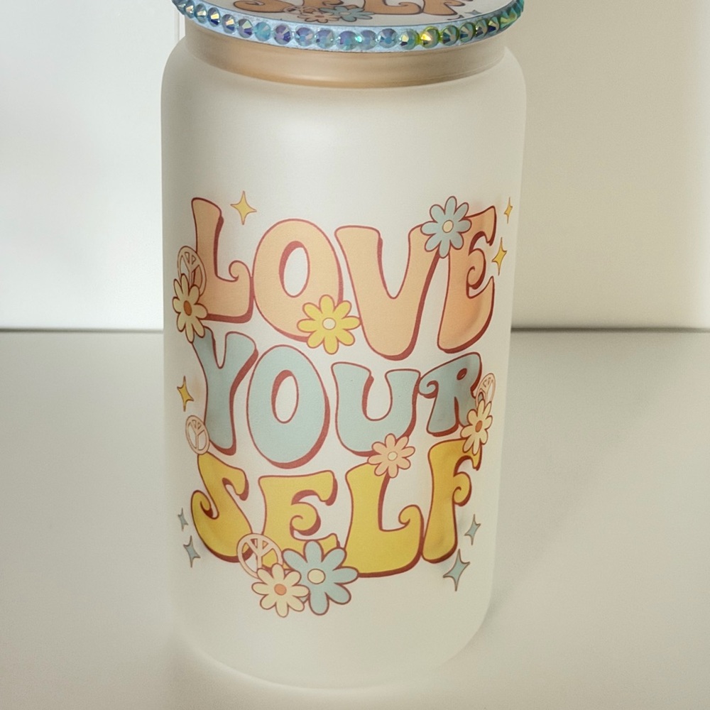 Love Yourself 16oz Frosted Glass Tumbler with Matching Lid